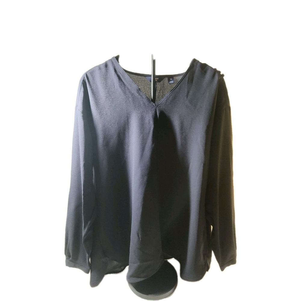 Lands' End Women's V Neck Long Sleeve Tunic Blouse, Dark Navy Blue,‎ Size 16